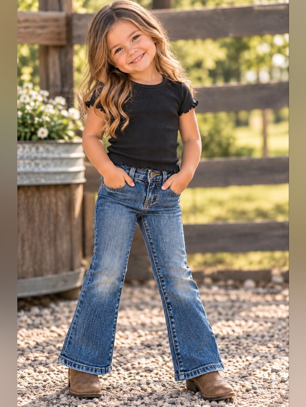 Girls Size 3T Bootcut Stretch Blue Jeans Adjustable Waist Embroidered Pockets